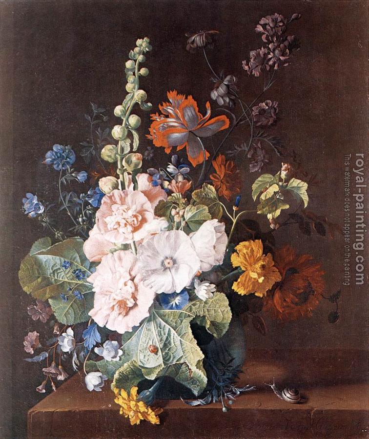 Jan Van Huysum : Hollyhocks and Other Flowers in a Vase